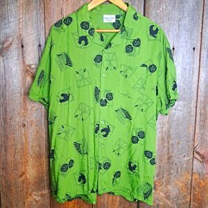 Manga Style Goblincore Attack on Titan Green Graphic Button-Up Shirt Men's 2XL
